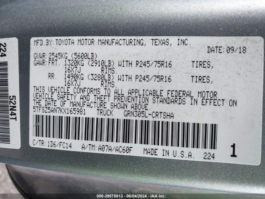 2019 Toyota Tacoma Sr5 V6 VIN: 5TFSZ5AN7KX165981 Lot: 39575813