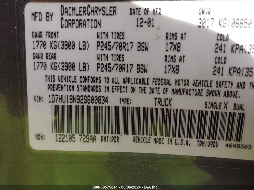 2002 Dodge Ram 1500 St VIN: 1D7HU18N92S600834 Lot: 39575841