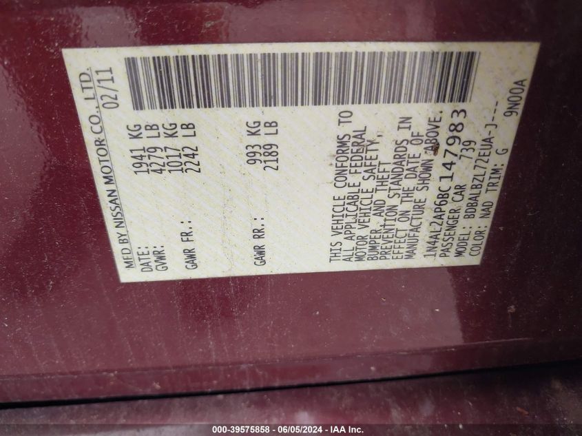 2011 Nissan Altima 2.5 S VIN: 1N4AL2AP6BC147983 Lot: 39575858