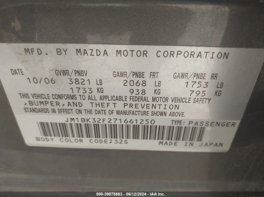 2007 Mazda Mazda3 I VIN: JM1BK32F271661250 Lot: 39575863