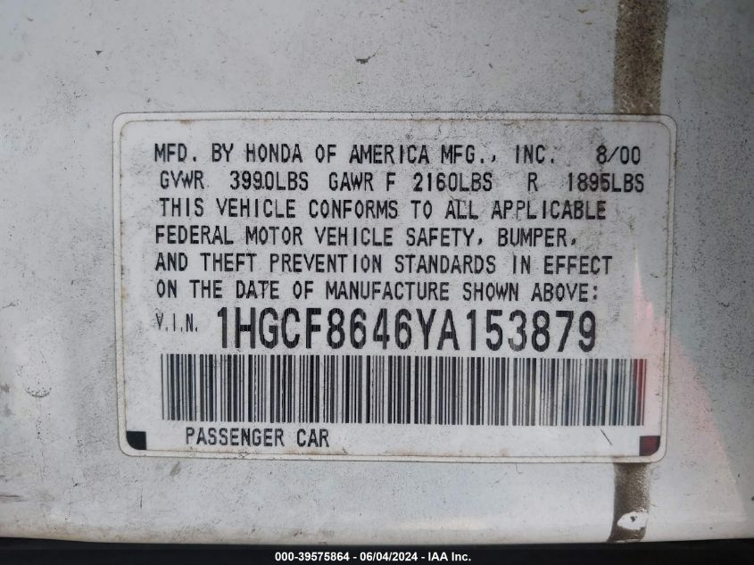 2000 Honda Accord 2.3 Dx VIN: 1HGCF8646YA153879 Lot: 39575864