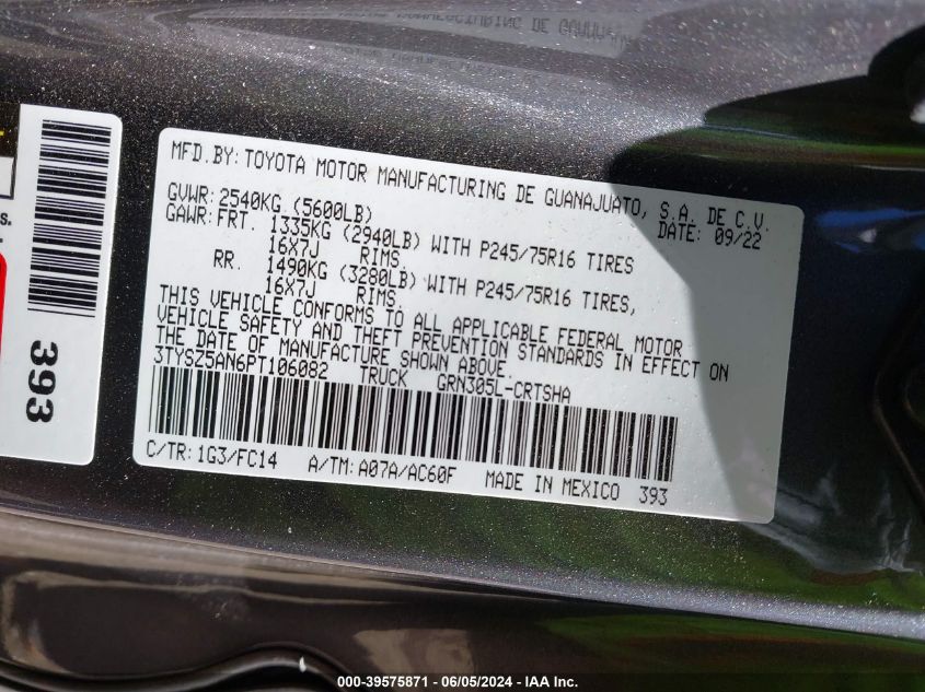 2023 Toyota Tacoma Access Cab/Sr/Sr5/Trd Spo VIN: 3TYSZ5AN6PT106082 Lot: 40653785