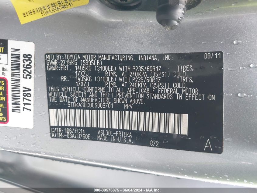 2012 Toyota Sienna Le 8 Passenger VIN: 5TDKA3DC0CS009701 Lot: 39575875