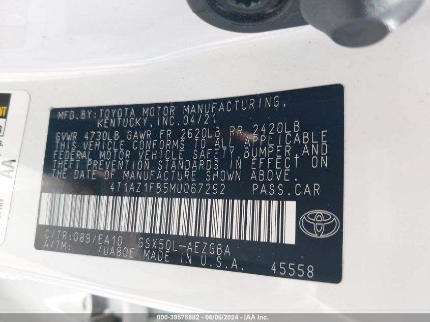 2021 Toyota Avalon Xle VIN: 4T1AZ1FB5MU067292 Lot: 39575882