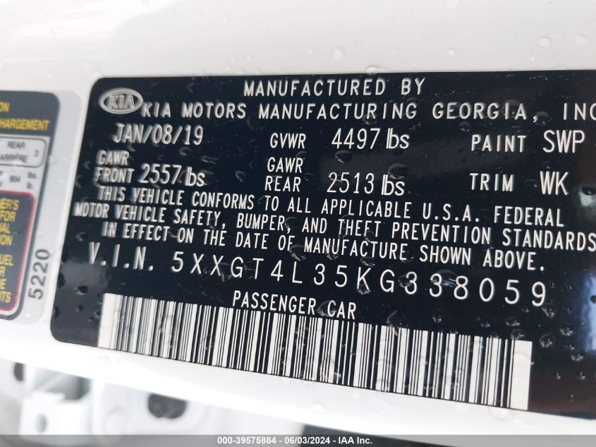 2019 Kia Optima Lx VIN: 5XXGT4L35KG338059 Lot: 39575884