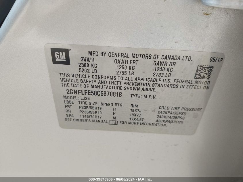 2012 Chevrolet Equinox Ltz VIN: 2GNFLFE58C6370818 Lot: 39575906