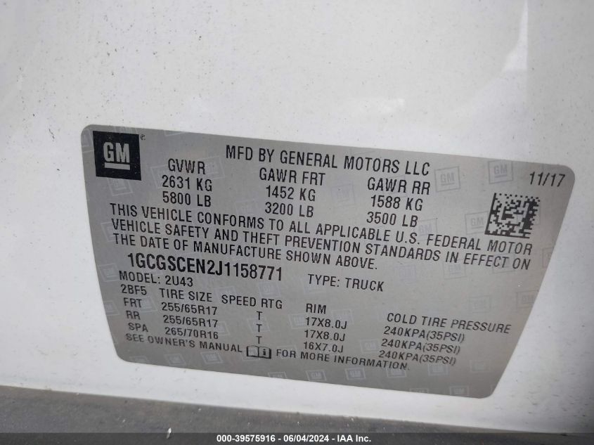 2018 Chevrolet Colorado Lt VIN: 1GCGSCEN2J1158771 Lot: 39575916