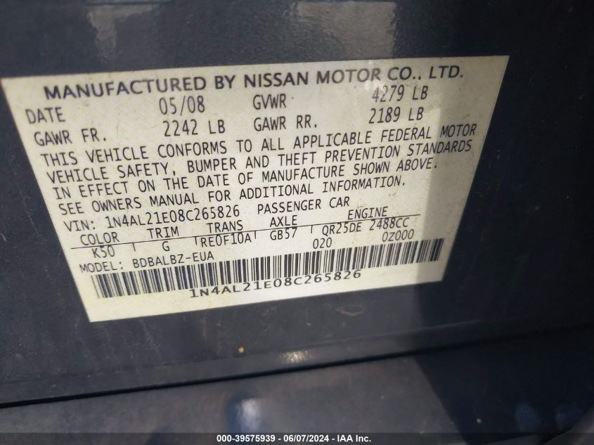 2008 Nissan Altima 2.5 S VIN: 1N4AL21E08C265826 Lot: 39575939