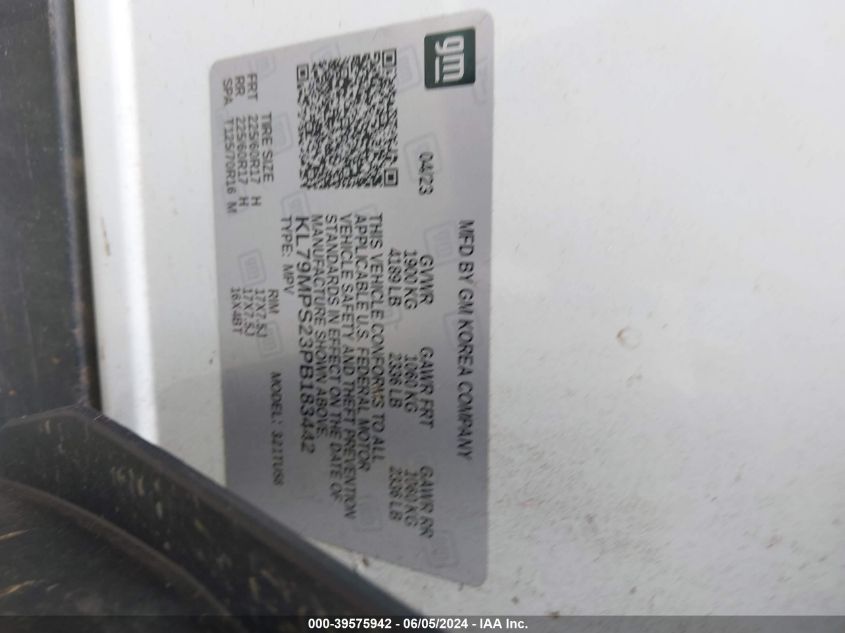 2023 Chevrolet Trailblazer Fwd Lt VIN: KL79MPS23PB183442 Lot: 39575942