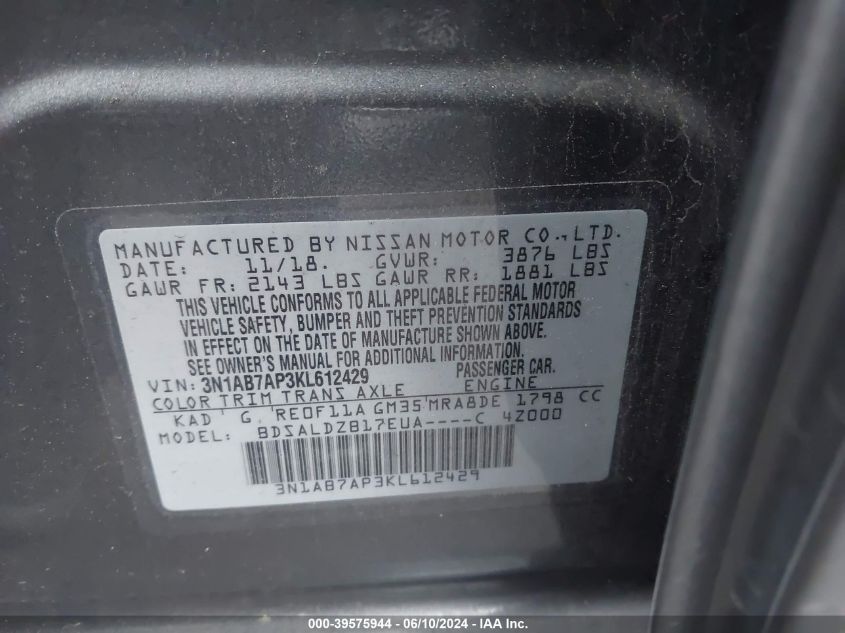 3N1AB7AP3KL612429 2019 Nissan Sentra Sv