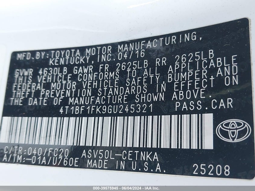 2016 Toyota Camry Le VIN: 4T1BF1FK9GU245321 Lot: 39575945