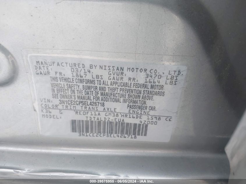 2014 Nissan Versa Note Sv VIN: 3N1CE2CP5EL426718 Lot: 39575955