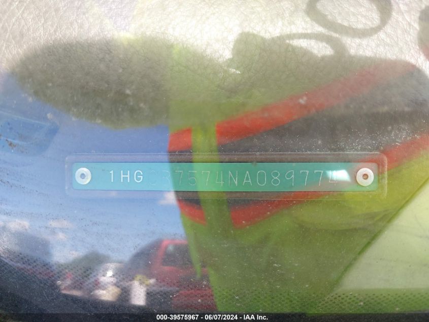 1992 Honda Accord Ex VIN: 1HGCB7574NA089774 Lot: 39575967