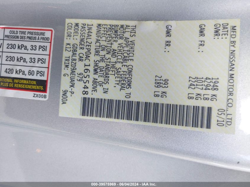 2010 Nissan Altima 2.5 S VIN: 1N4AL2EP0AC165548 Lot: 39575969