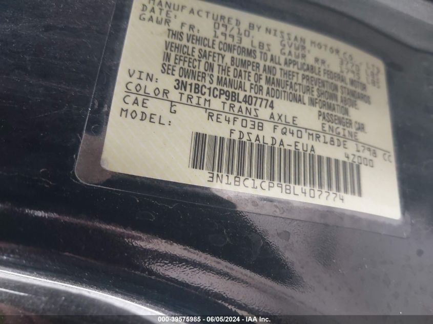 2011 Nissan Versa 1.8S VIN: 3N1BC1CP9BL407774 Lot: 39575985