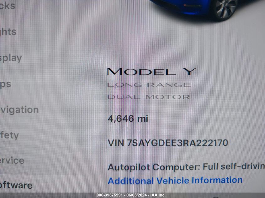 2024 Tesla Model Y Long Range Dual Motor All-Wheel Drive VIN: 7SAYGDEE3RA222170 Lot: 39575991