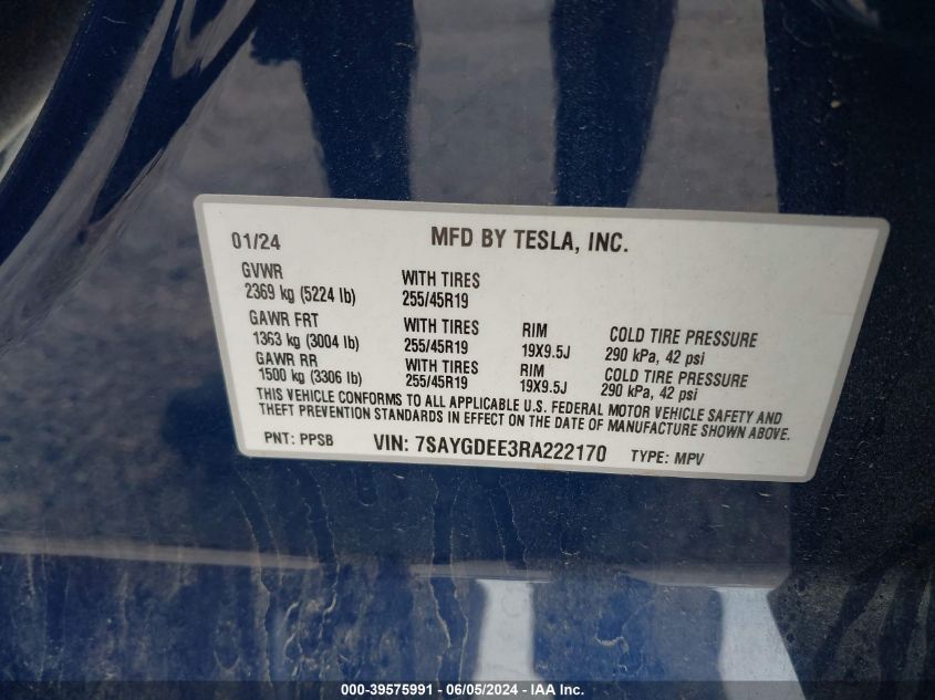 2024 TESLA MODEL Y - 7SAYGDEE3RA222170