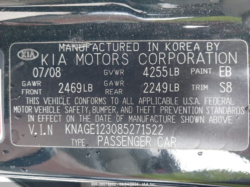 2008 Kia Optima Lx VIN: KNAGE123085271522 Lot: 39575992