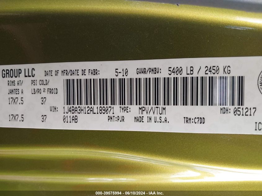 2010 Jeep Wrangler Unlimited Sport VIN: 1J4BA3H12AL189071 Lot: 39575994