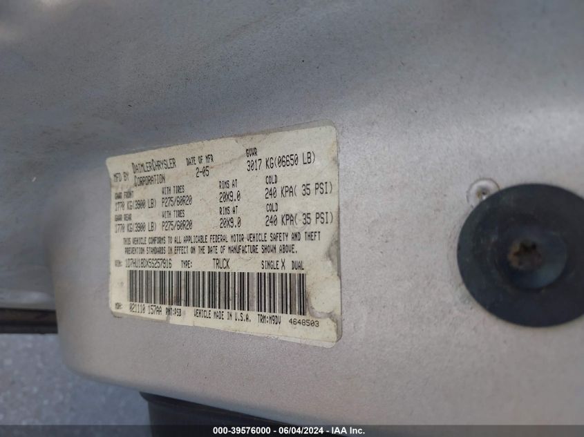 2005 Dodge Ram 1500 Slt/Laramie VIN: 1D7HU18DX5S257916 Lot: 39576000