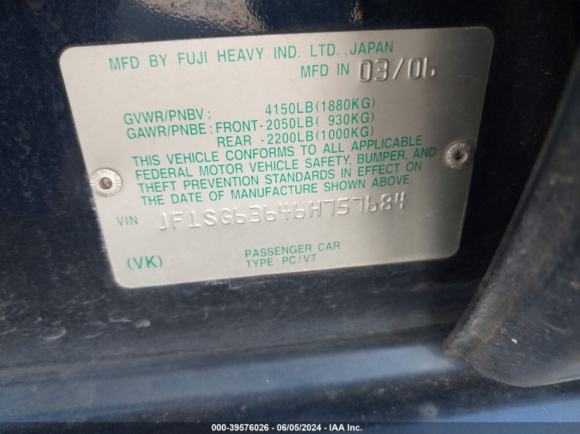 2006 Subaru Forester 2.5X VIN: JF1SG63646H757684 Lot: 39576026