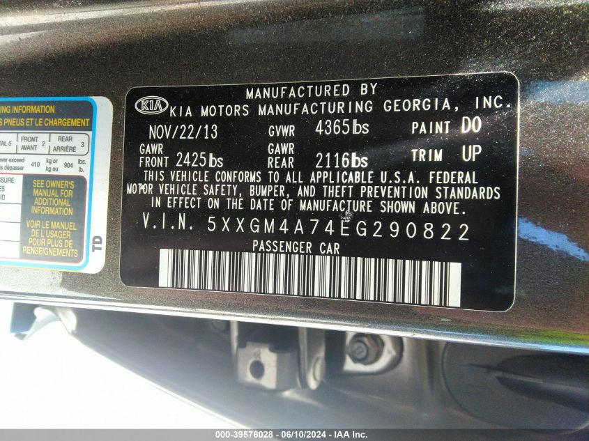 2014 Kia Optima Lx VIN: 5XXGM4A74EG290822 Lot: 39576028