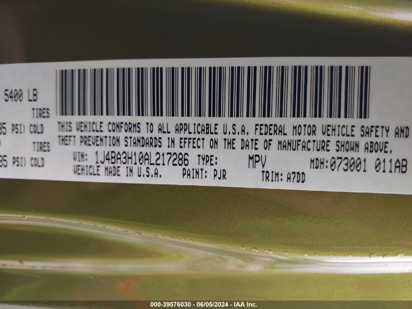 2010 Jeep Wrangler Unlimited Sport VIN: 1J4BA3H10AL217286 Lot: 39576030