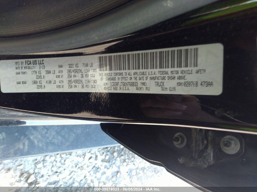 2019 Ram 1500 Laramie 4X4 5'7 Box VIN: 1C6SRFJT6KN768833 Lot: 39576033