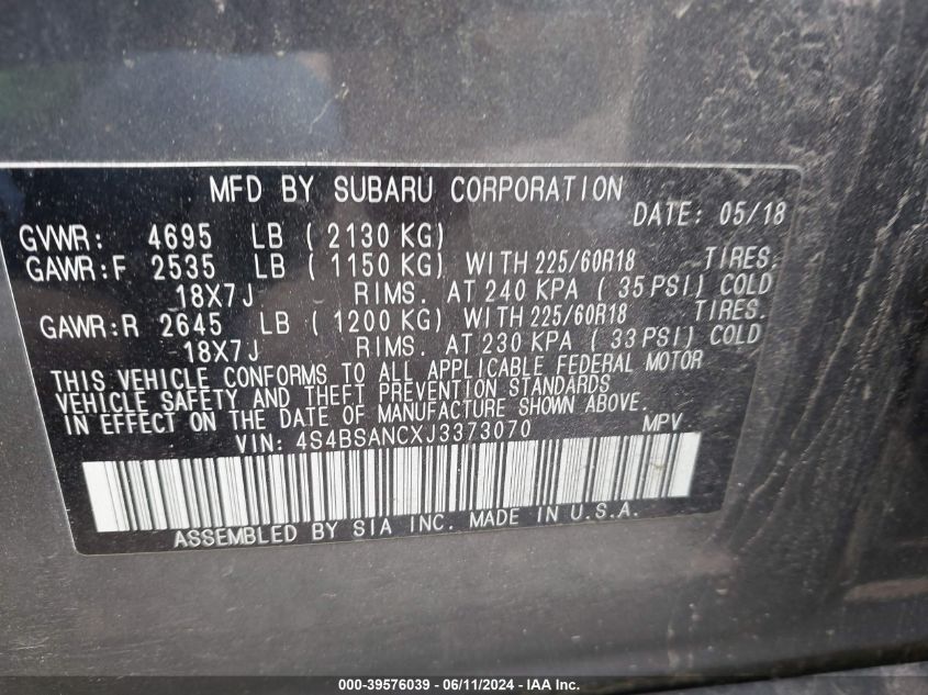 2018 Subaru Outback 2.5I Limited VIN: 4S4BSANCXJ3373070 Lot: 39576039
