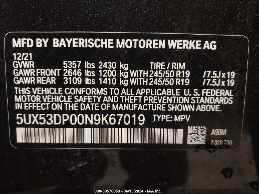 2022 BMW X3 xDrive30I VIN: 5UX53DP00N9K67019 Lot: 39576053