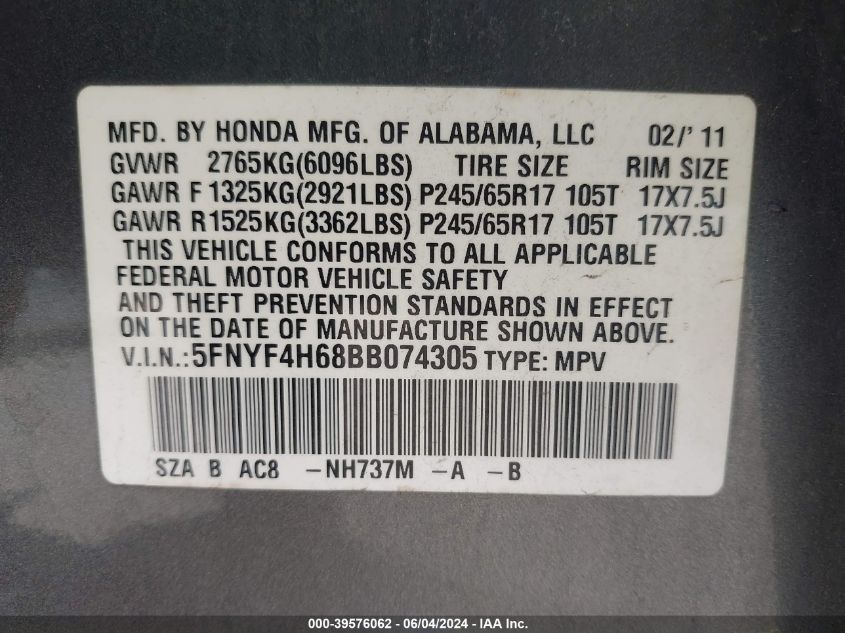 2011 Honda Pilot Ex-L VIN: 5FNYF4H68BB074305 Lot: 39576062
