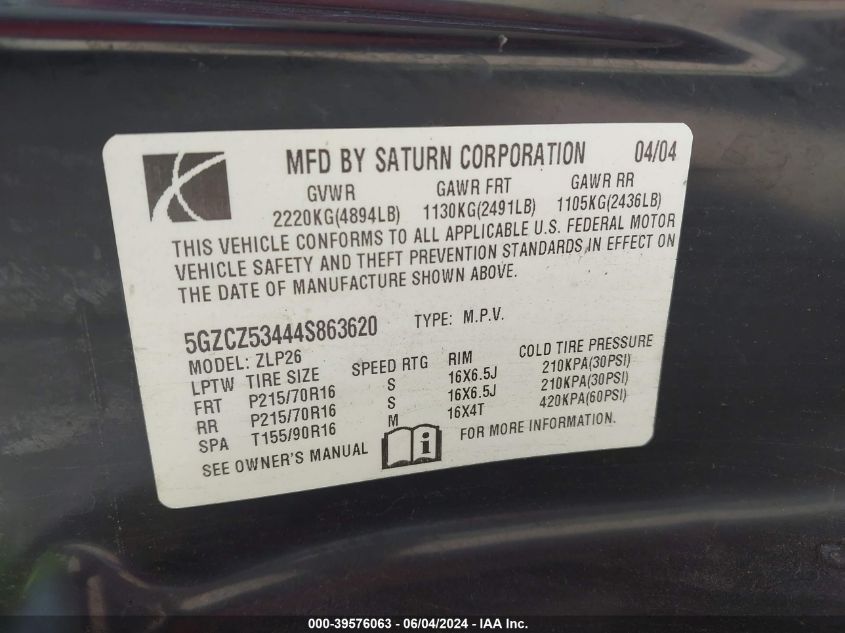 2004 Saturn Vue V6 VIN: 5GZCZ53444S863620 Lot: 39576063