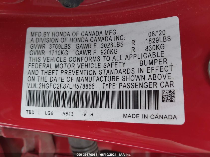 2020 Honda Civic Sport VIN: 2HGFC2F87LH578866 Lot: 39576068