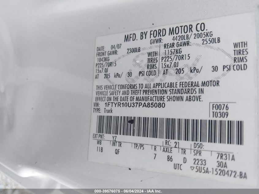 2007 Ford Ranger Sport/Stx/Xl/Xlt VIN: 1FTYR10U37PA85080 Lot: 39576075