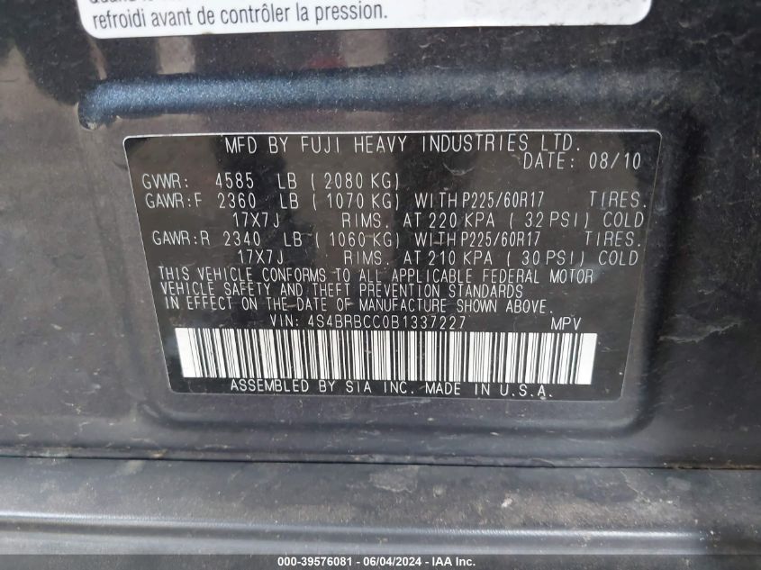 2011 Subaru Outback 2.5I Premium VIN: 4S4BRBCC0B1337227 Lot: 39576081