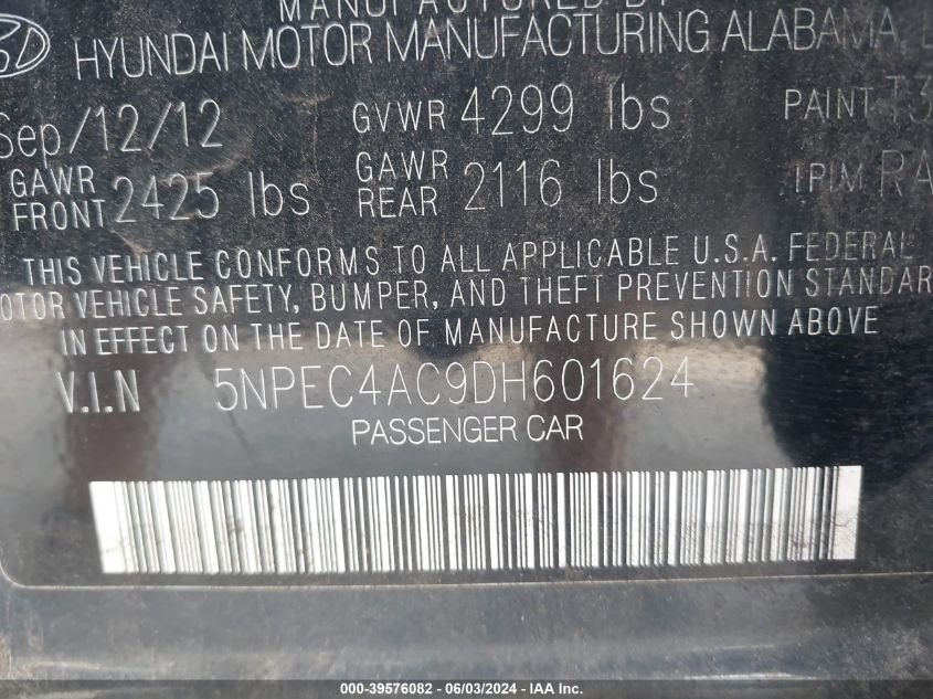 2013 Hyundai Sonata Se VIN: 5NPEC4AC9DH601624 Lot: 39576082