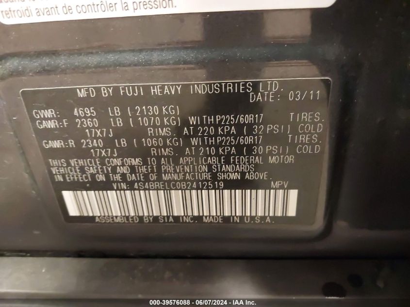 2011 Subaru Outback 3.6R Limited VIN: 4S4BRELC0B2412519 Lot: 39576088