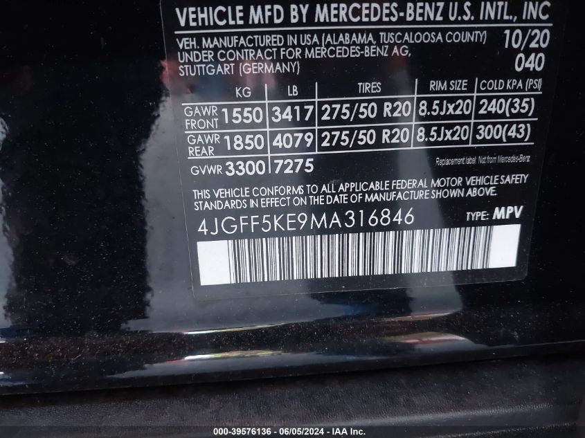 2021 Mercedes-Benz Gls 450 4Matic VIN: 4JGFF5KE9MA316846 Lot: 39576136