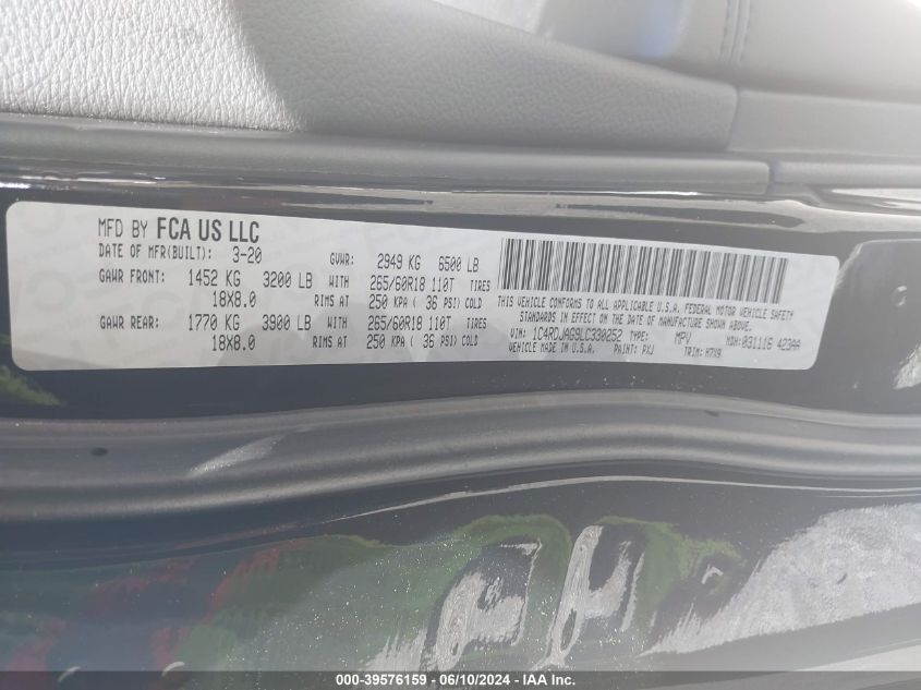 2020 Dodge Durango Sxt Plus Awd VIN: 1C4RDJAG9LC330252 Lot: 39576159