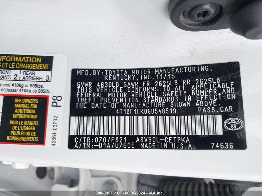 2016 Toyota Camry Se VIN: 4T1BF1FK0GU548519 Lot: 39576163