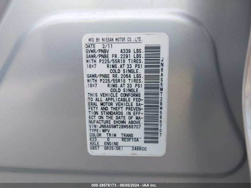 2011 Nissan Rogue Sv VIN: JN8AS5MT2BW568707 Lot: 39576173