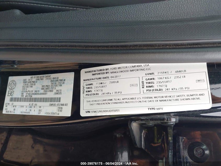 2017 Ford Escape Se VIN: 1FMCU9G90HUD55051 Lot: 39576175