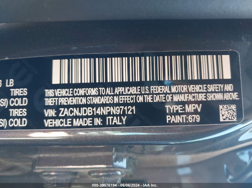 2022 Jeep Renegade Latitude 4X4 VIN: ZACNJDB14NPN97121 Lot: 39576194