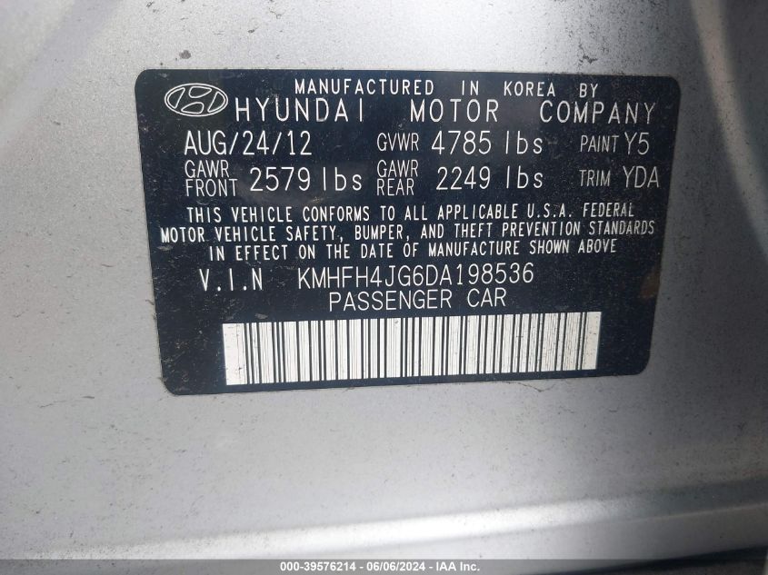 2013 Hyundai Azera VIN: KMHFH4JG6DA198536 Lot: 39576214