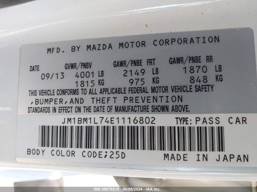 2014 Mazda Mazda3 I Touring VIN: JM1BM1L74E1116802 Lot: 39576215