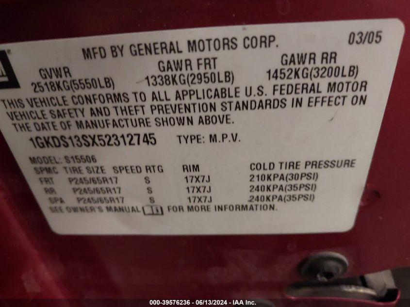 2005 GMC Envoy Sle VIN: 1GKDS13SX52312745 Lot: 39576236