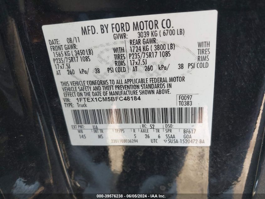 2011 Ford F-150 Xlt VIN: 1FTEX1CM5BFC48184 Lot: 39576238