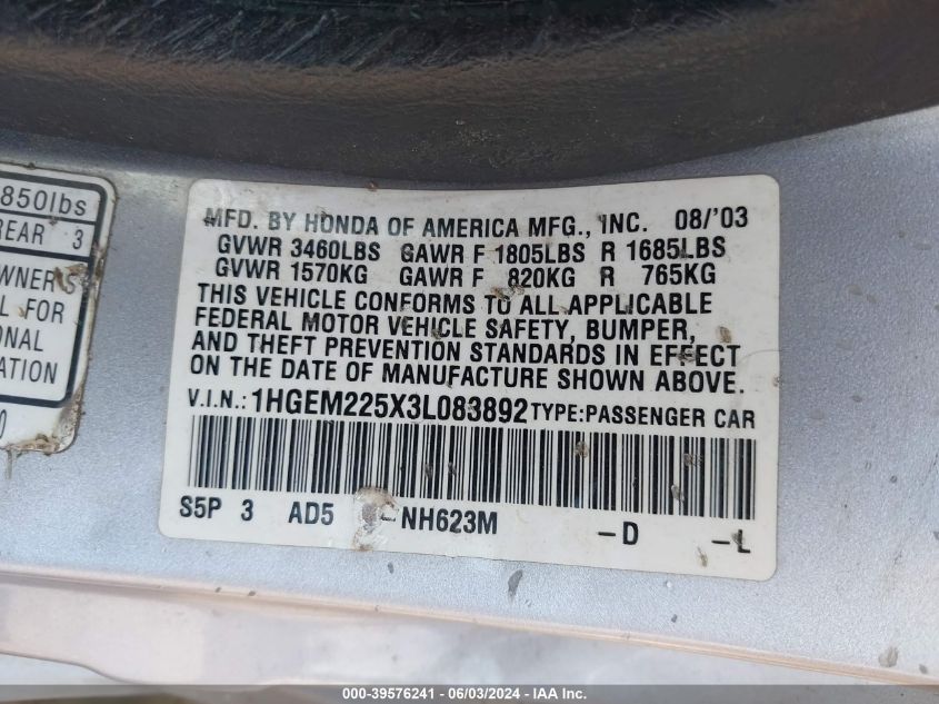 2003 Honda Civic Lx VIN: 1HGEM225X3L083892 Lot: 39576241