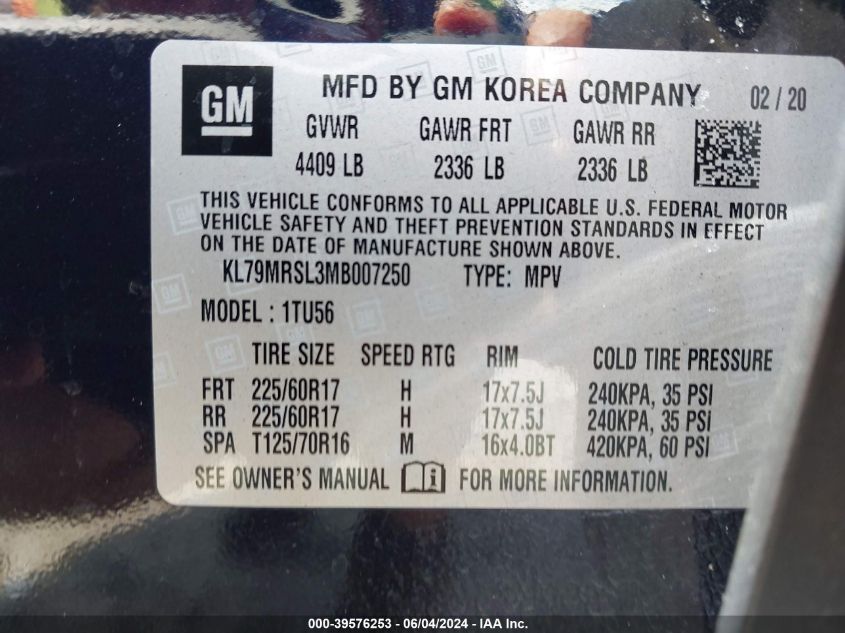 2021 Chevrolet Trailblazer Awd Lt VIN: KL79MRSL3MB007250 Lot: 39576253