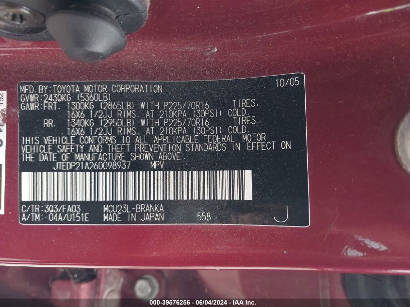 2006 Toyota Highlander V6 VIN: JTEDP21A260098937 Lot: 39576256